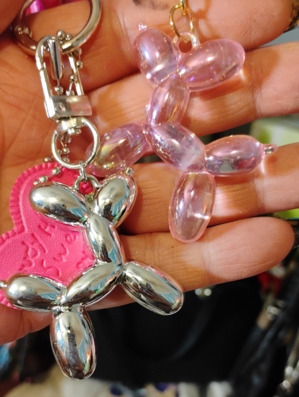Duo Of Pink and Silver Balloon Dog Keychain Charm -